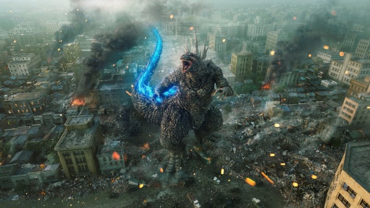 Godzilla destroys the city in a wide shot still from Godzilla Minus One