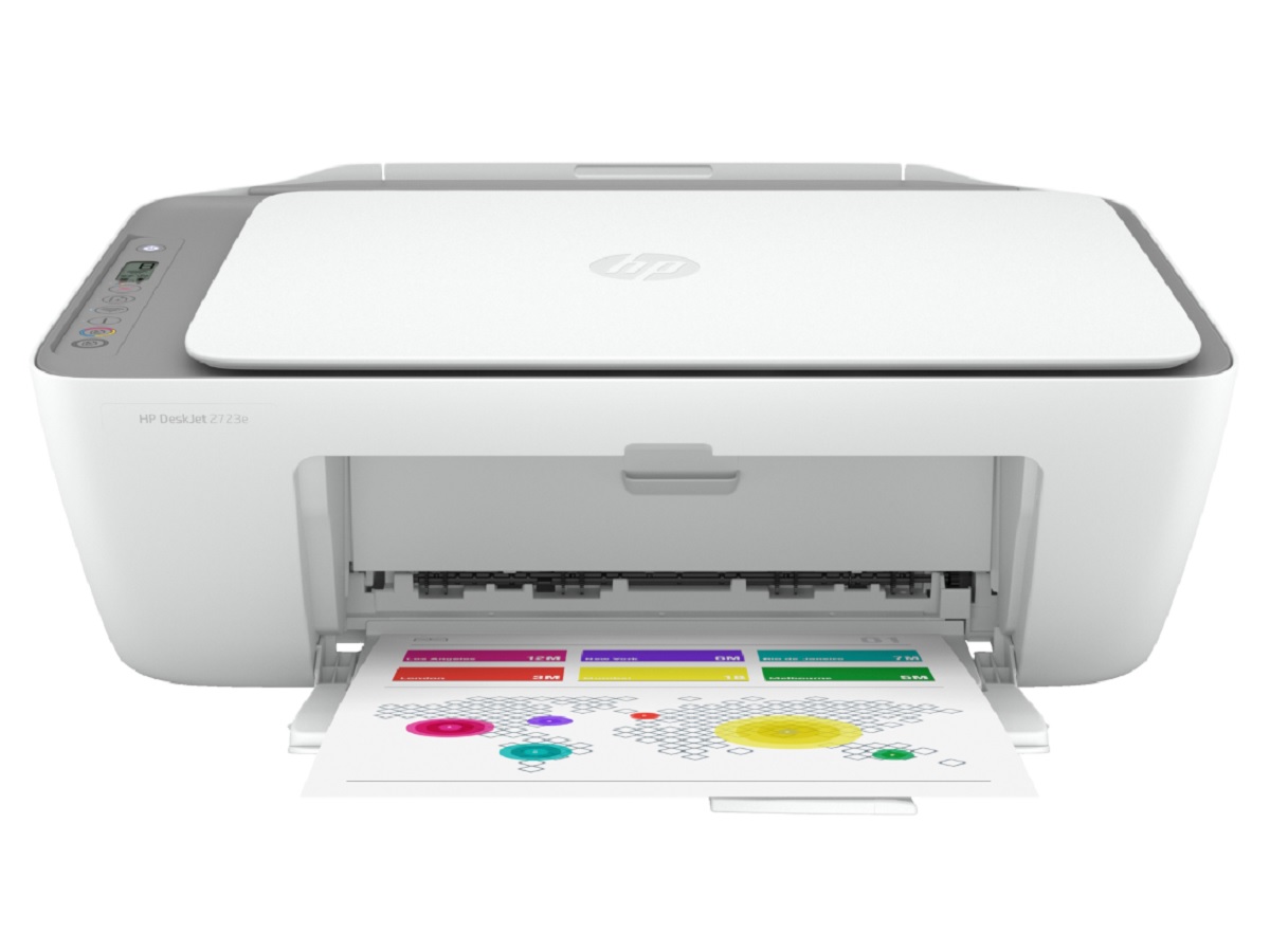The HP DeskJet 2723e all-in-one printer on a white background.