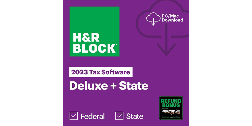 H&R Block Tax Software Deluxe + State 2023 در پس زمینه سفید.
