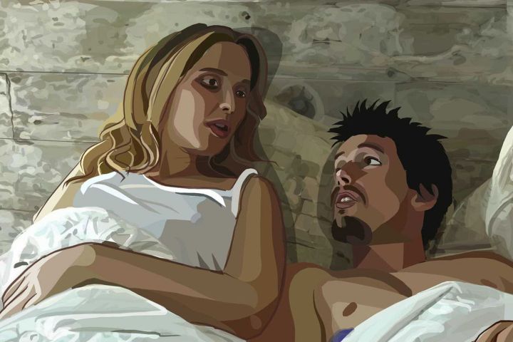 Julie Delpy ve Ethan Hawke, Waking Life'ta yatakta uzanıp birbirlerine bakıyorlar.