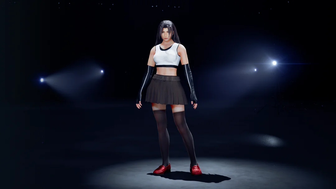Jun Kazama dressed as Tifa Lockhart in Tekken 8's customization mode.