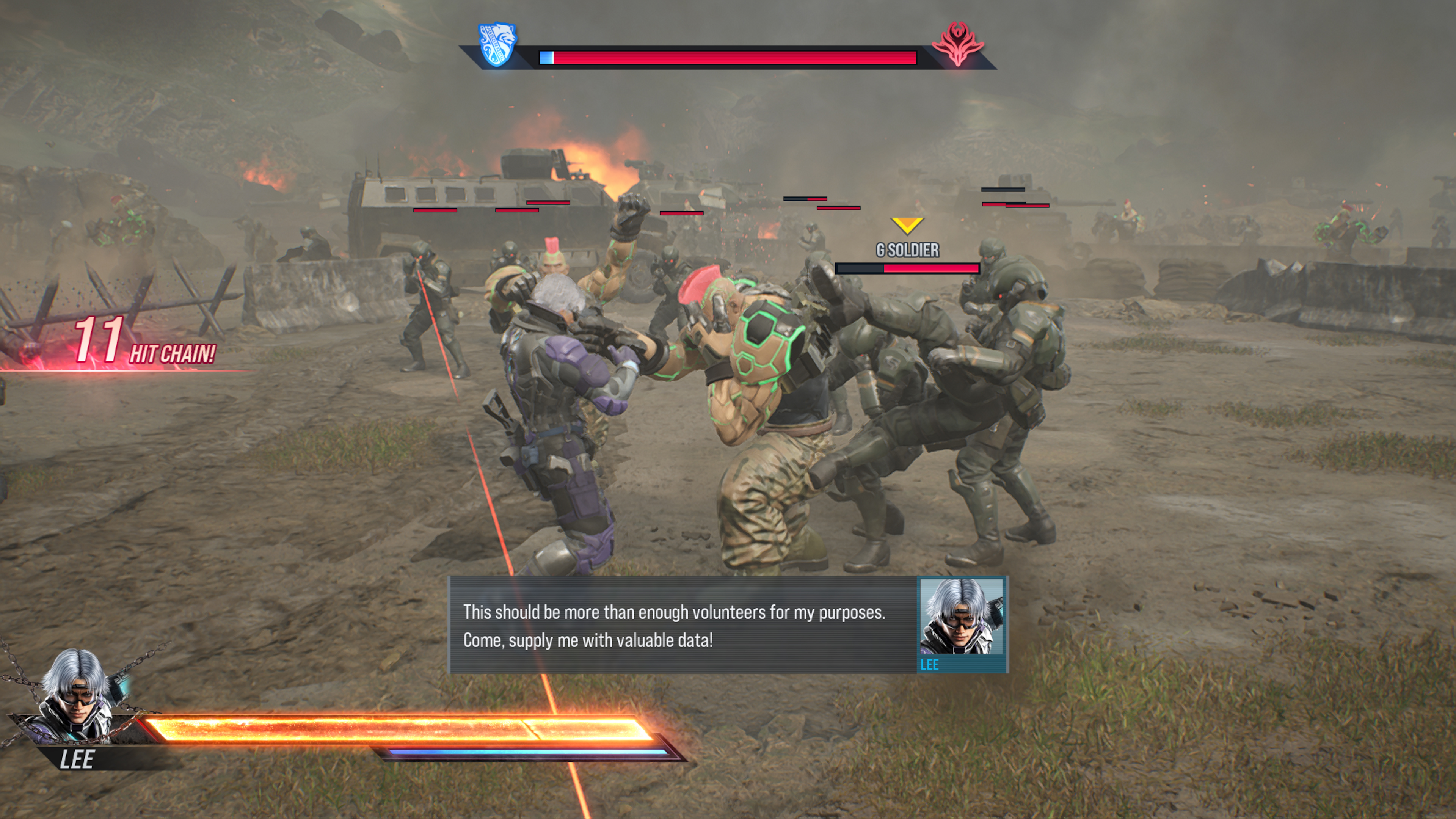 Lee fighting G-Force armies in Tekken 8 story mode.