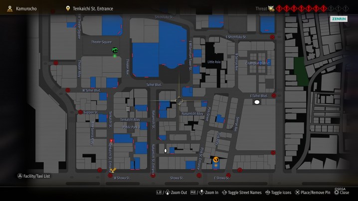 A map of safe locations in Like a Dragon: Infinite Wealth.