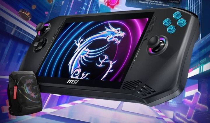 The MSI Claw gaming handheld over a colorful background.