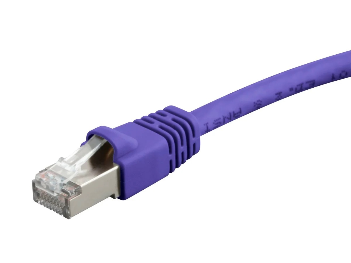 The head of a Monoprice Cat 6a ethernet cable with its protected hood showing.