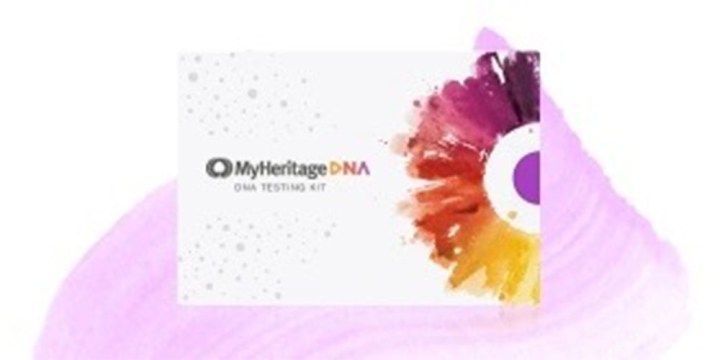 A MyHeritage DNA test kit box.
