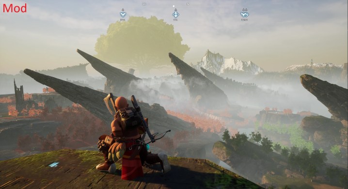 A player looking over cloudy cliffs in Palworld.