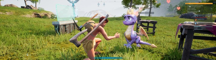 A player petting spyro in Palworld.