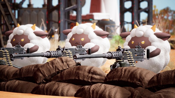 Tres amigos con aspecto de oveja usan armas en Palworld.