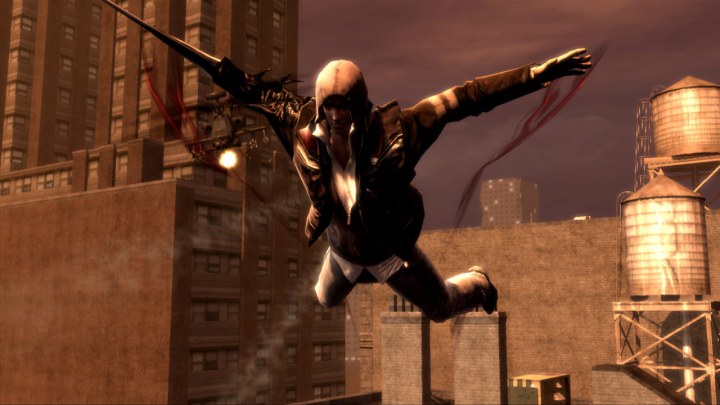 The player jumps off a building in Prototype.