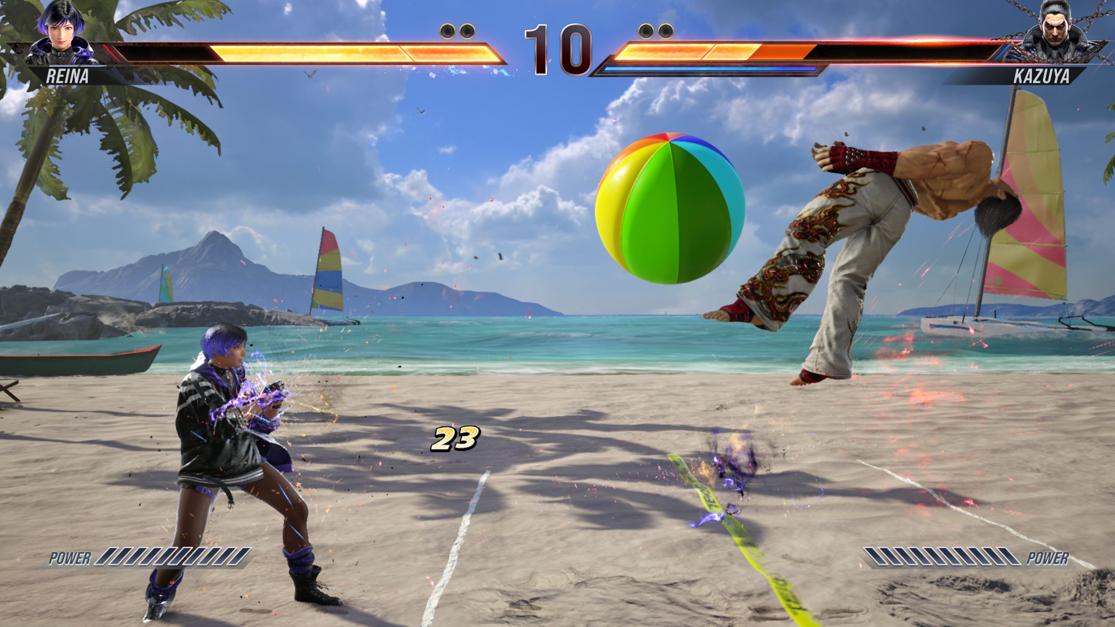 Reina hitting Kazuya with a beach ball in Tekken 8 Tekken Ball.