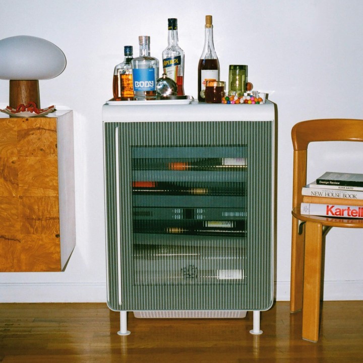 The Rocco Smart Fridge with a mini bar on top.