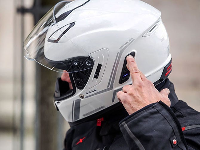 Sena Striker smart motorcycle helmet in use