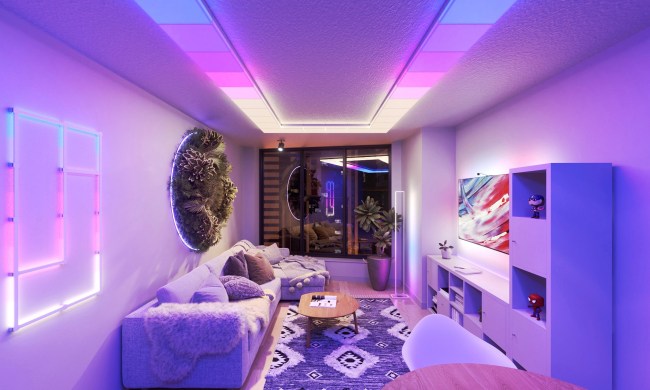 The Nanoleaf Skylight lighting up a room various shades of purple.
