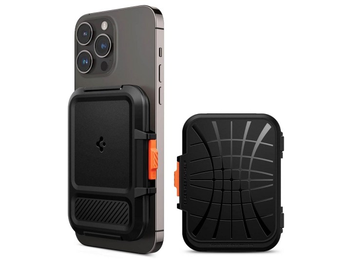 Two views of the Spigen LockFit MagFit Wallet, with one attached to an iPhone.