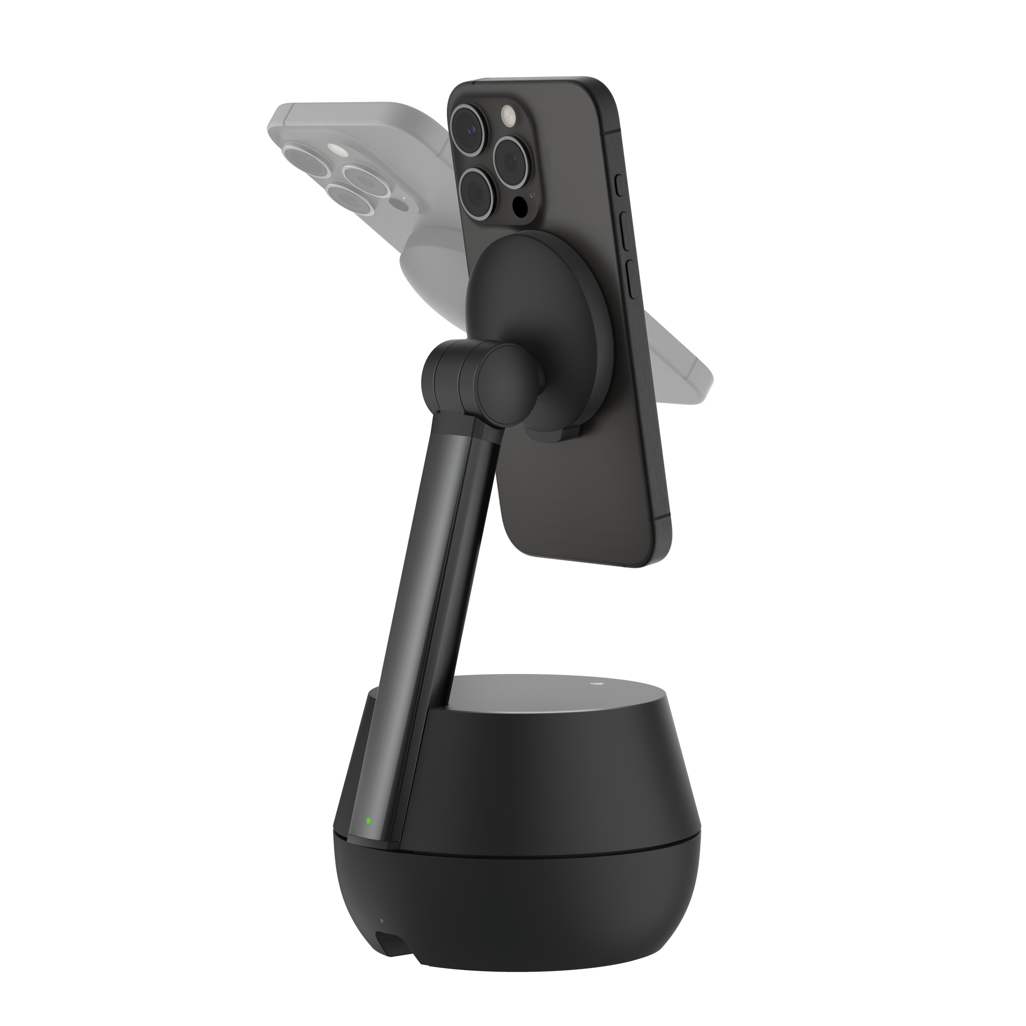 An iPhone on the Belkin Auto-Tracking Stand Pro showing the wide movement range.