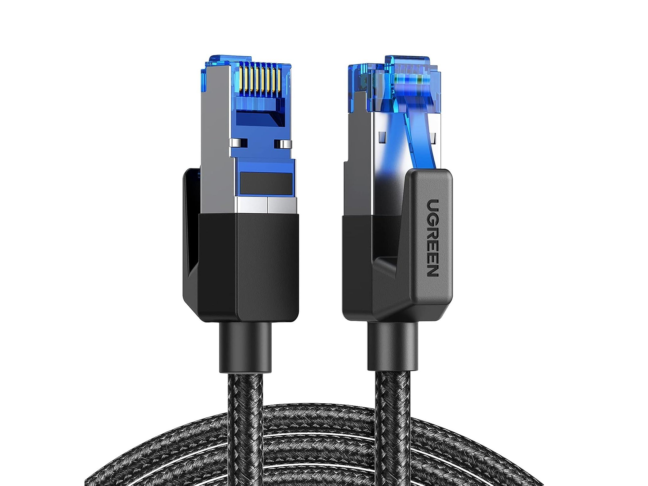 The blue-tipped heads of the Ugreen Cat 8 ethernet cable.