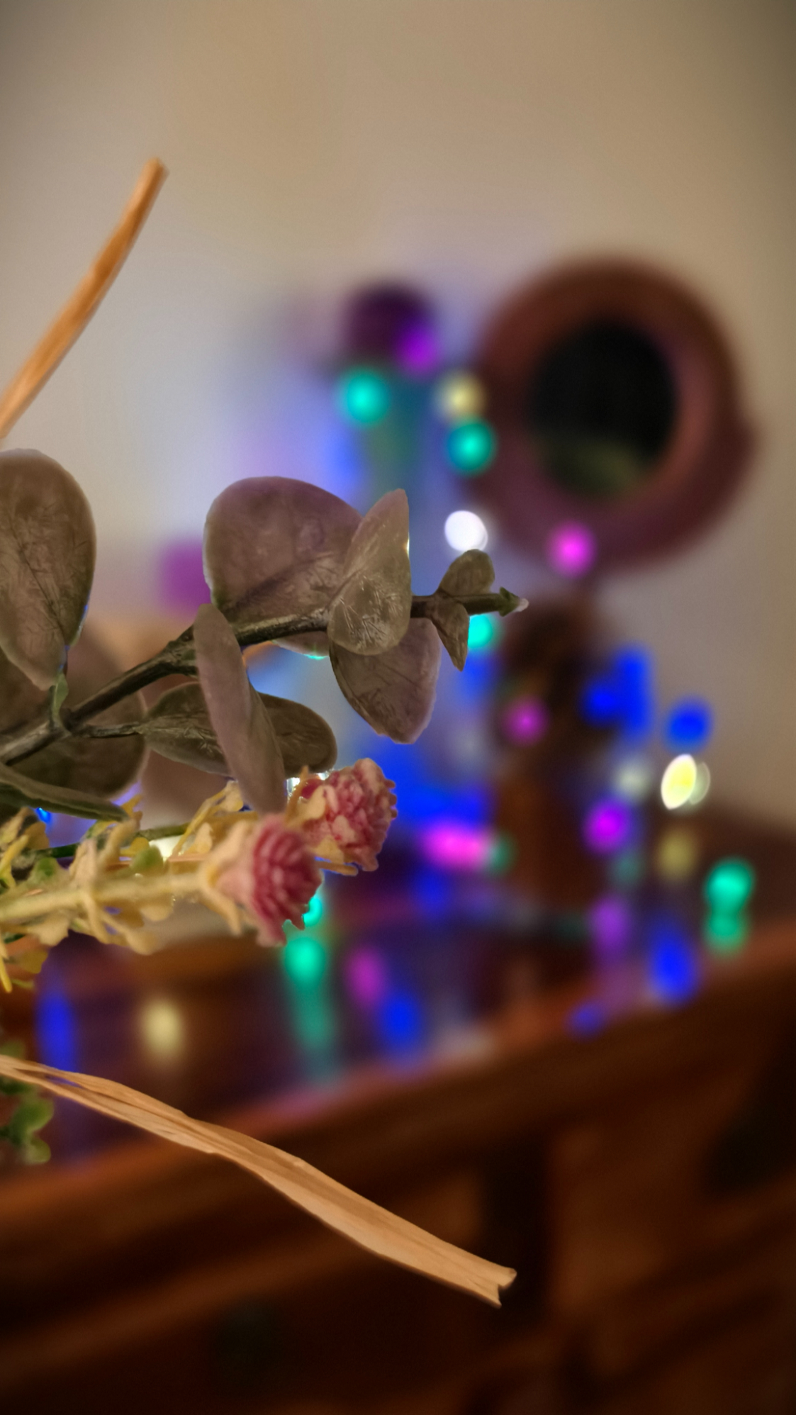 Portrait of a faux flower bouquet against multicolored fairy lights shot on the Vivo X100's Zeiss camera.