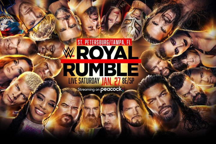 Affiche avec des lutteurs dessus pour le WWE Royal Rumble.