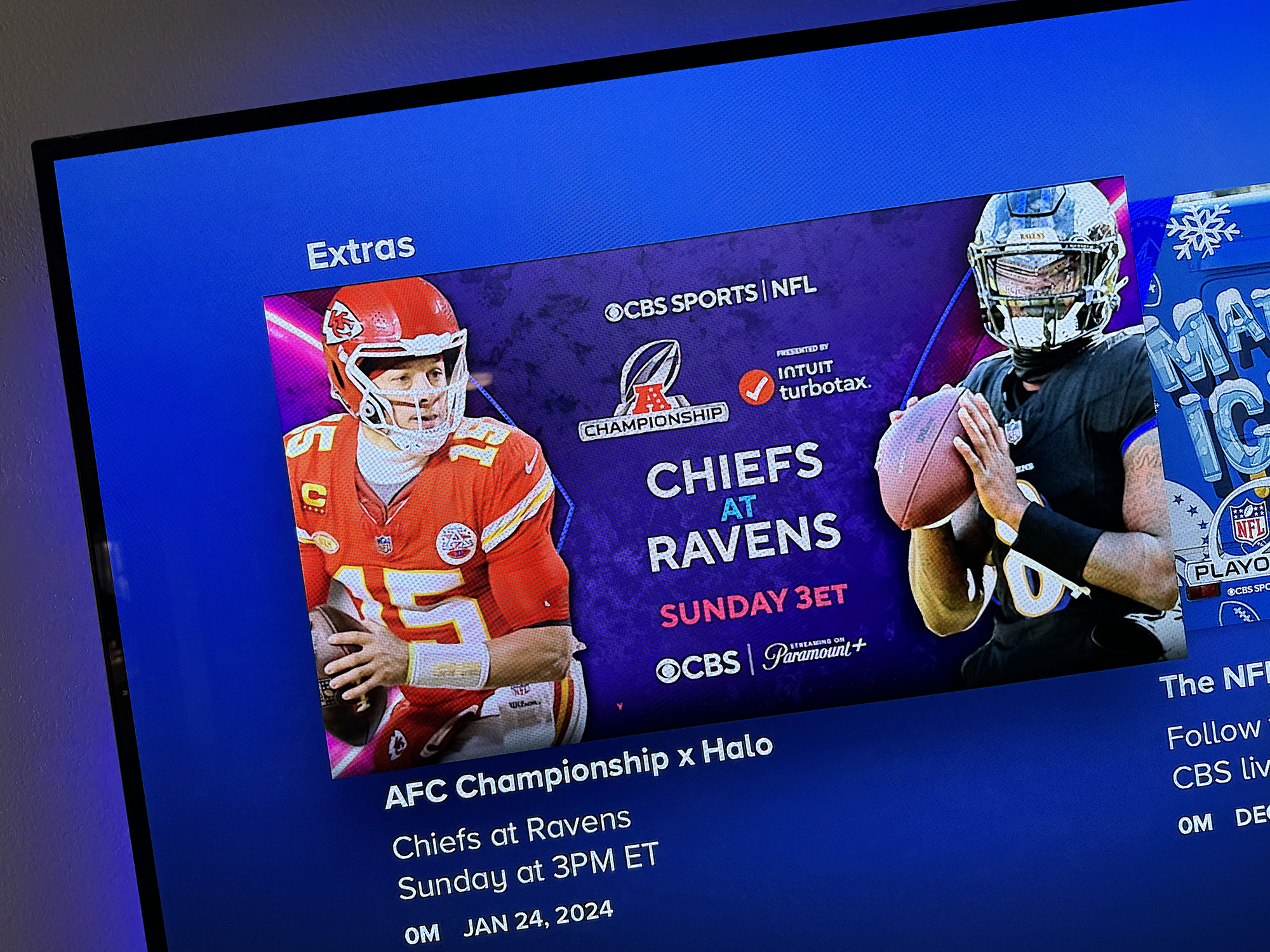 A promo image for the AFC Championship game on Paramount Plus.