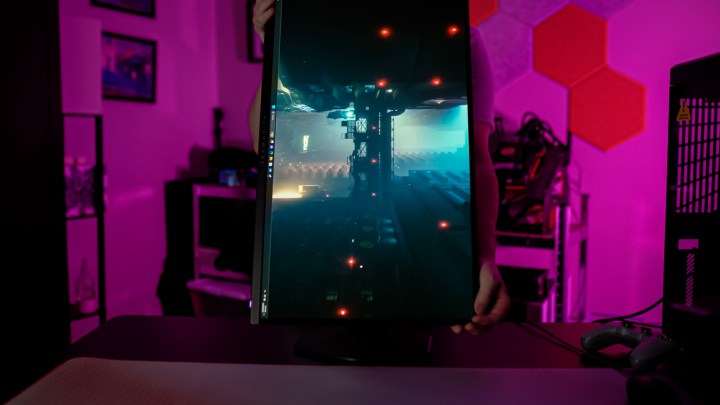 The Alienware 27 QD-OLED turned vertically.