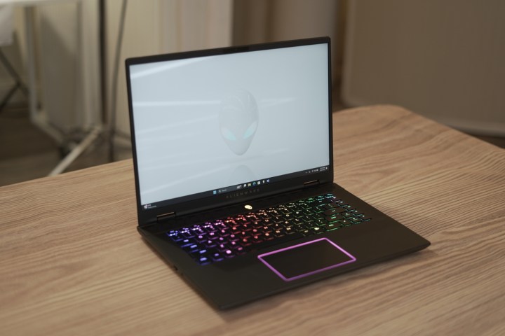 The Alienware m16 R2 open on a table.