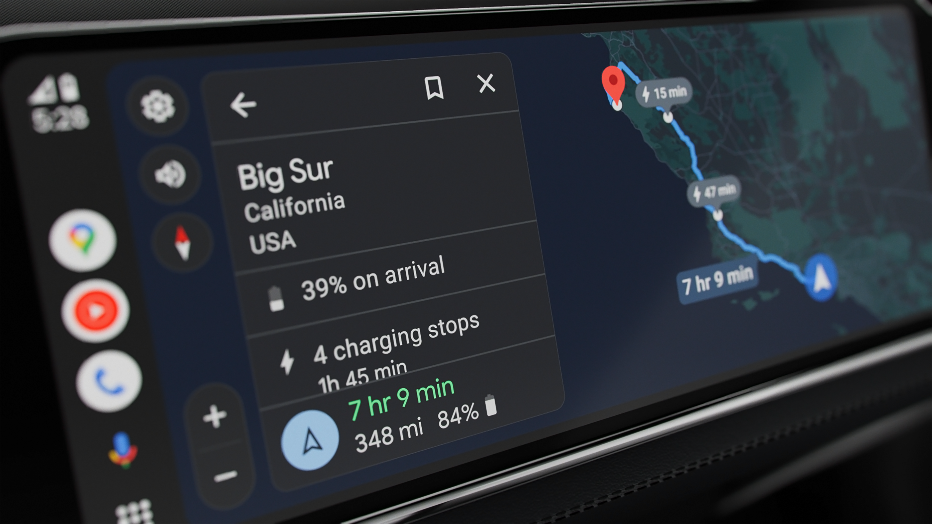 رابط Android Auto که زمان شارژ EV را نشان می دهد.