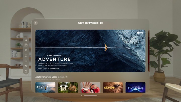 A simulated view of Apple's Vision Pro showing the interface for Apple's Immersive Videos.