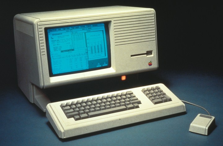 The Apple Lisa computer on a grey background.