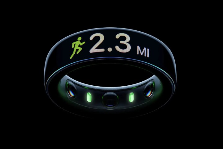 Un diseño conceptual de un anillo inteligente de Apple, que muestra una pantalla con información sobre el ejercicio,