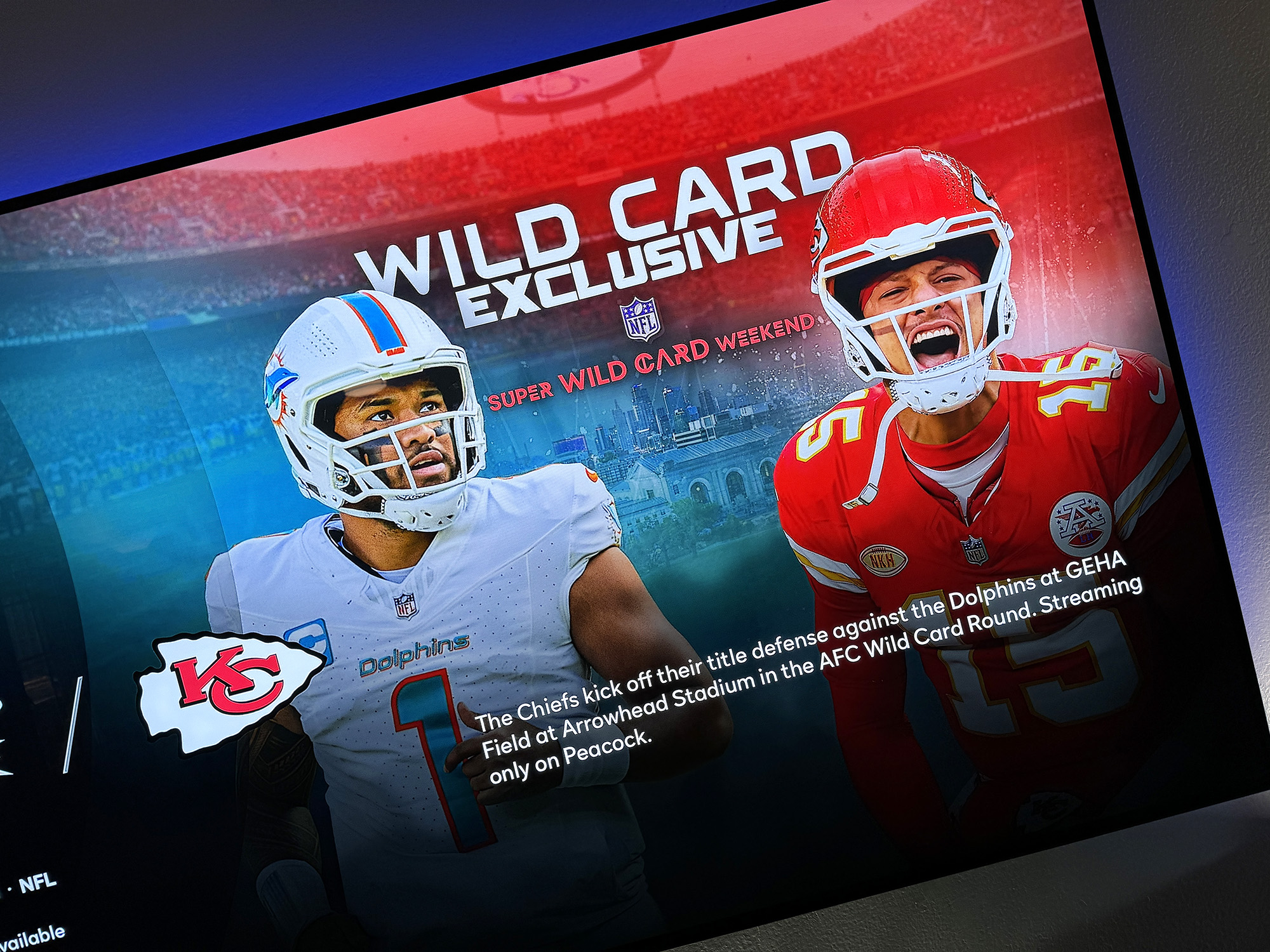 The promo screen for the Kansas City Chiefs and Miami Dolphins on the Peacock streaming service.