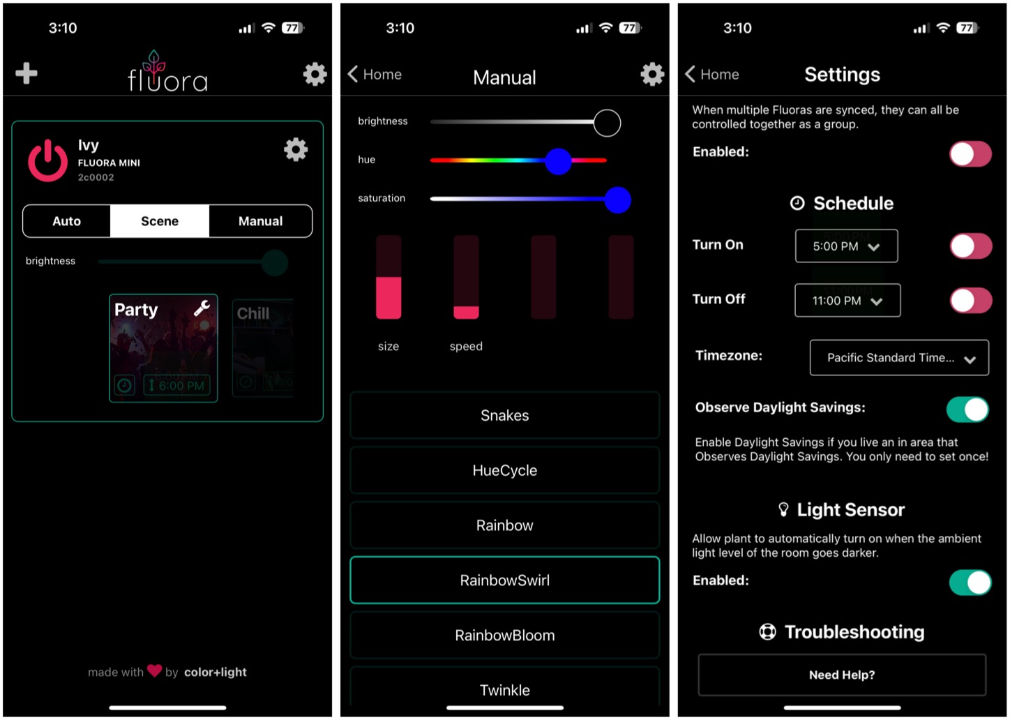 Screenshots of the Fluora app on iOS.