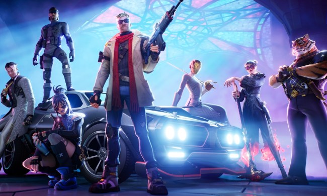 Fortnite characters by a car.