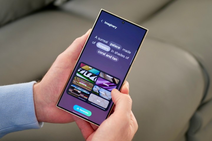 Una persona usando los fondos de pantalla de IA generativa en el Samsung Galaxy S24 Ultra.