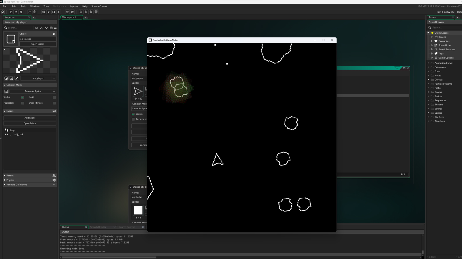 شبیه سازی سیارک در حال اجرا در Game Maker.