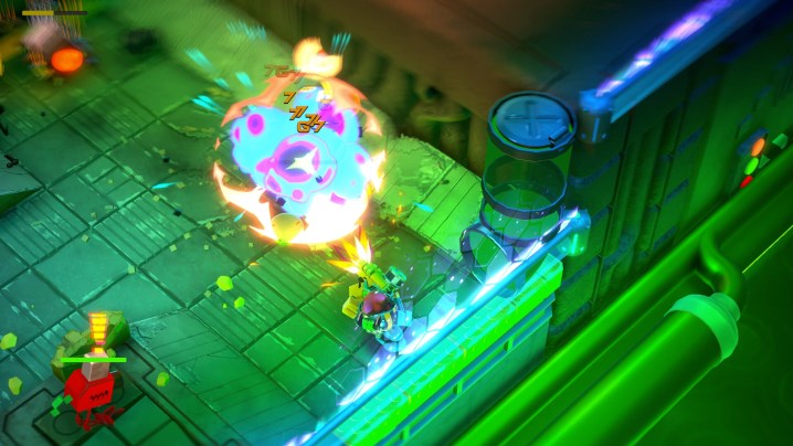 Un robot fait exploser un ennemi dans Go Mecha Ball.