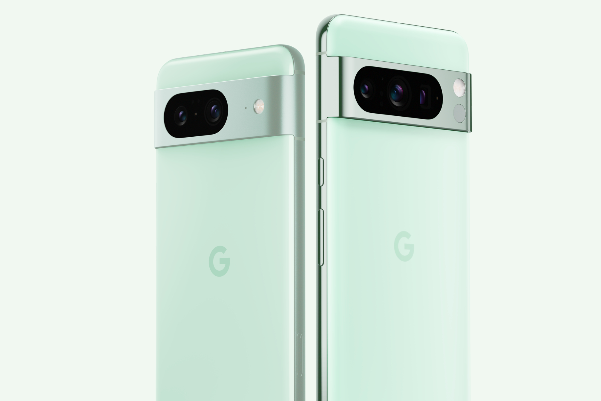 A render of the Google Pixel 8 and Pixel 8 Pro in a Mint color.