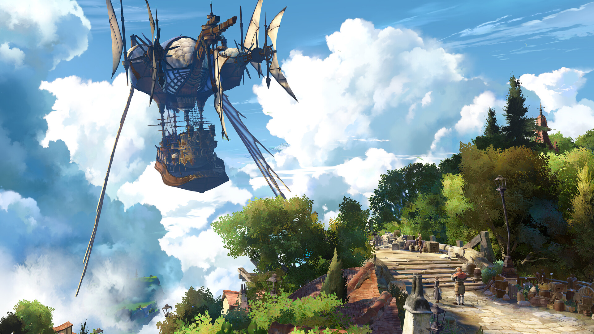 Granblue Fantasy: Relink'te bir zeplin göklerde uçuyor.