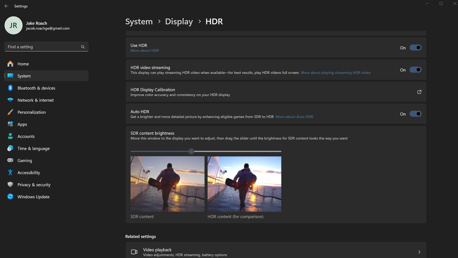 HDR settings in Windows 11.