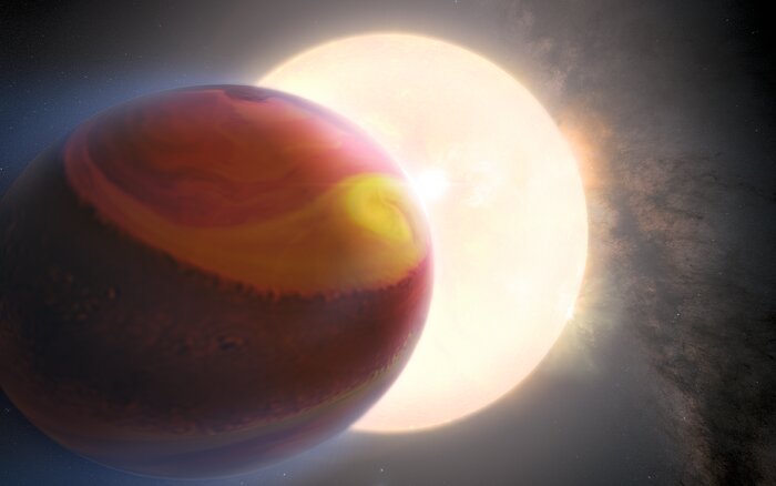 Esta es una impresión artística del exoplaneta WASP 121-b, también conocido como Tylos. La apariencia del exoplaneta se basa en los datos del Hubble del objeto. Utilizando las observaciones del Hubble, otro equipo de científicos había informado previamente de la detección de metales pesados como el magnesio y el hierro que escapaban de la atmósfera superior del exoplaneta ultracaliente Júpiter, marcándolo como el primero de tales detecciones. El exoplaneta orbita peligrosamente cerca de su estrella anfitriona, aproximadamente el 2,6% de la distancia entre la Tierra y el Sol, lo que lo coloca a punto de ser destrozado por las fuerzas de marea de su estrella anfitriona. Las poderosas fuerzas gravitacionales han alterado la forma del planeta.