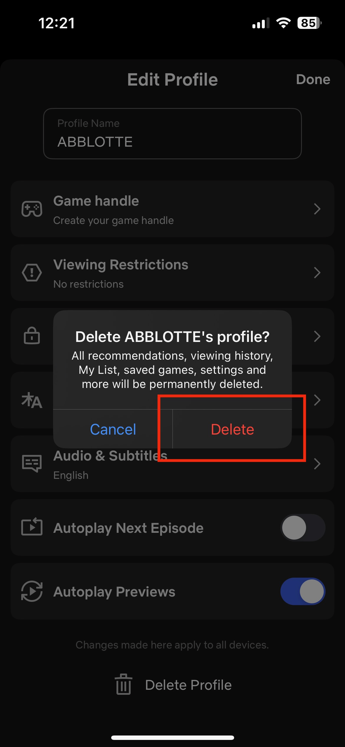 How to delete Netflix profiles from a mobile device.