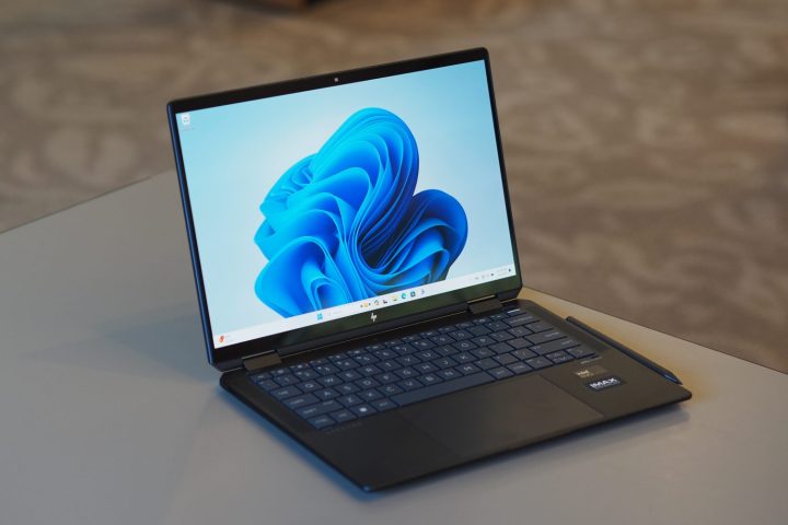 HP Spectre x360 14 2023 beforehand angled position showing show and keyboard.