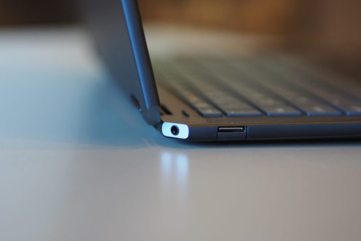 HP Spectre x360 14 2023 side view showing lid and ports.