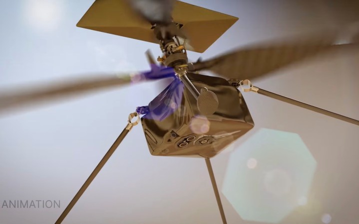 An animation showing a close-up of NASA's Mars helicopter, Ingenuity.