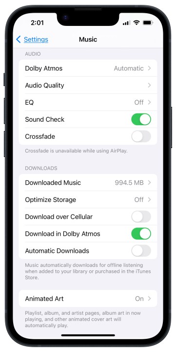 Apple Music Dolby Atmos settings in iOS 17.