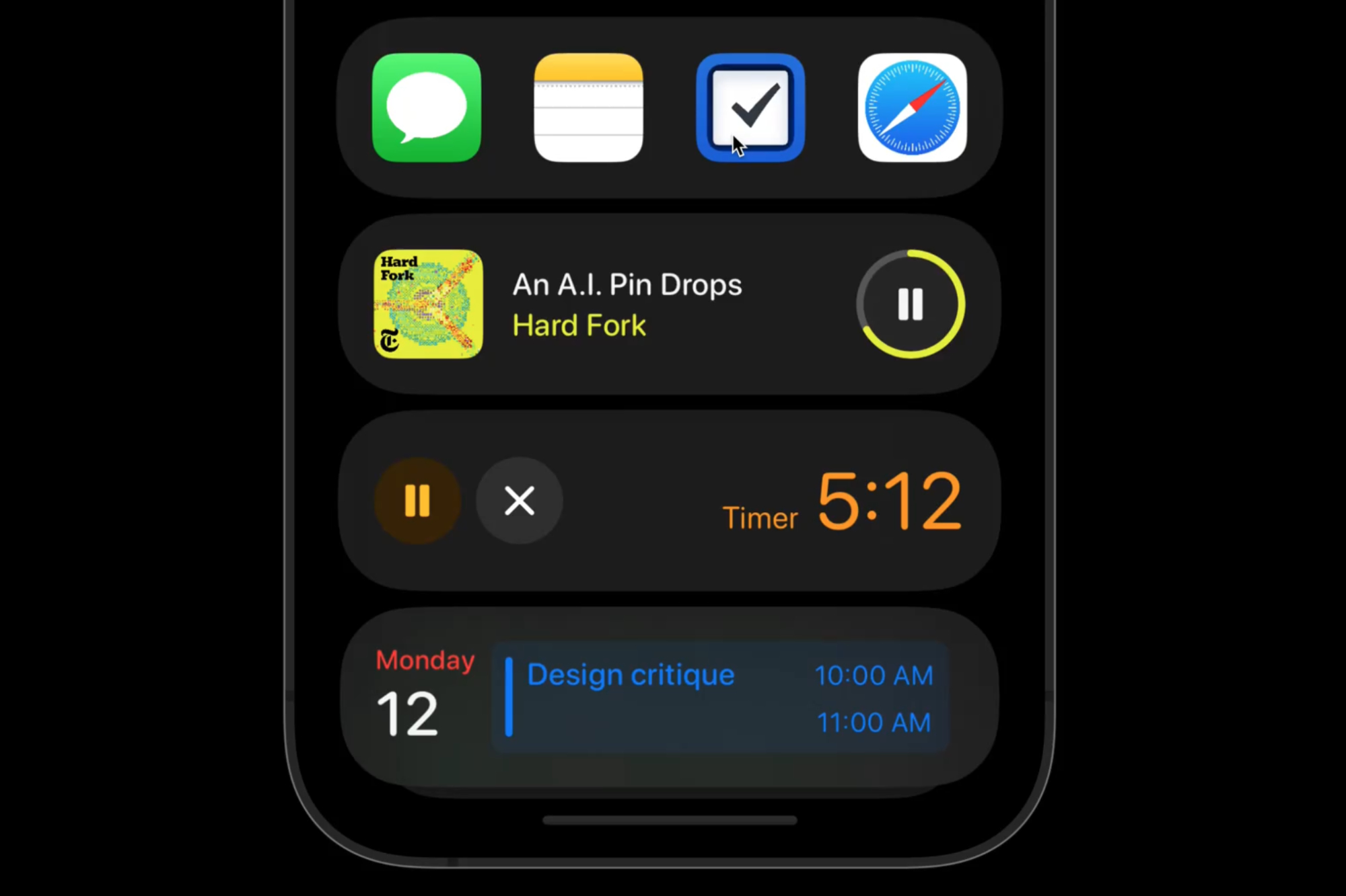 Un concept iOS montrant une Smart Stack de widgets sous le dock de l'application.