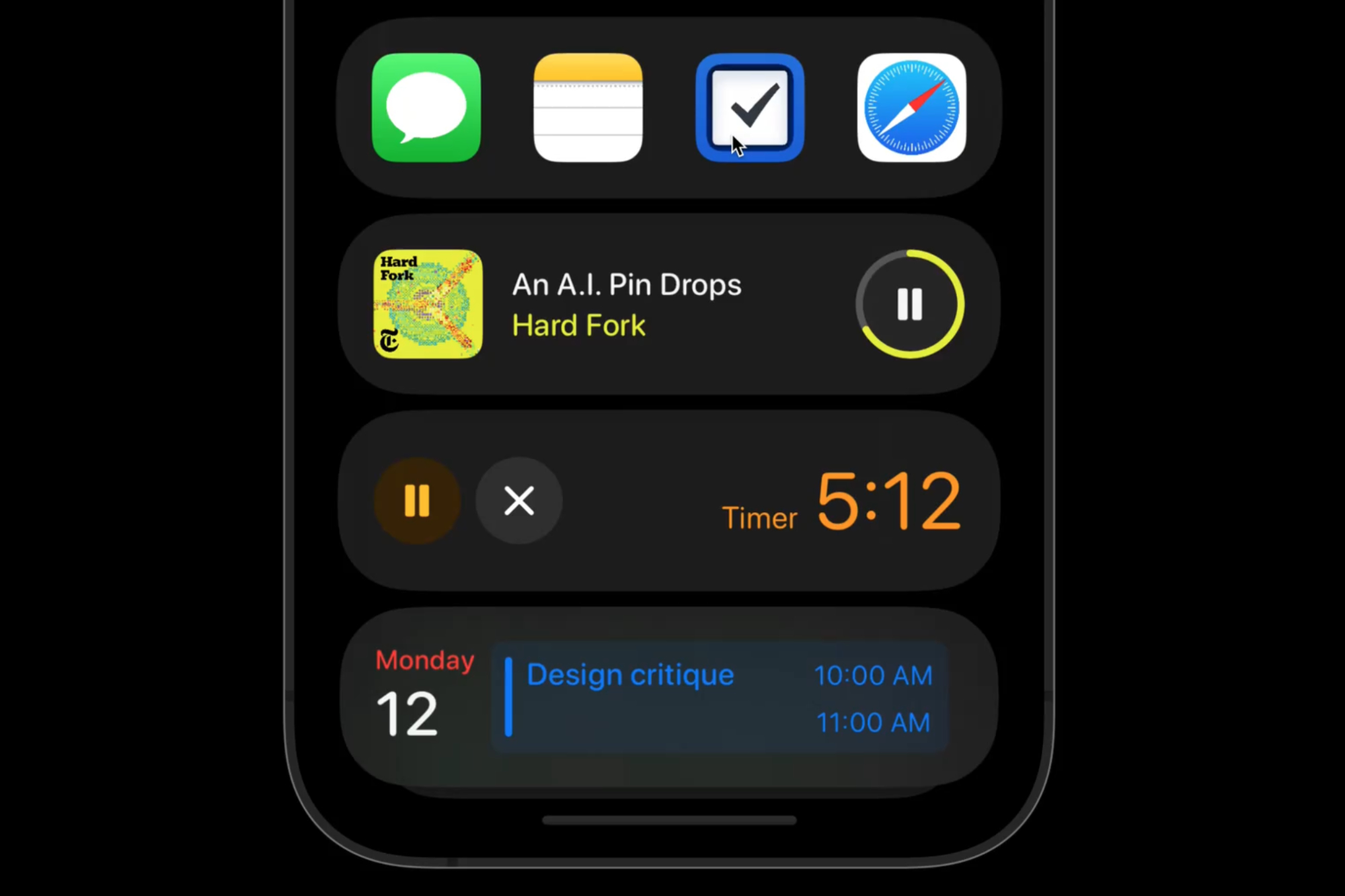 একটি iOS ধারণা অ্যাপ ডকের নীচে উইজেটগুলির একটি স্মার্ট স্ট্যাক দেখাচ্ছে৷