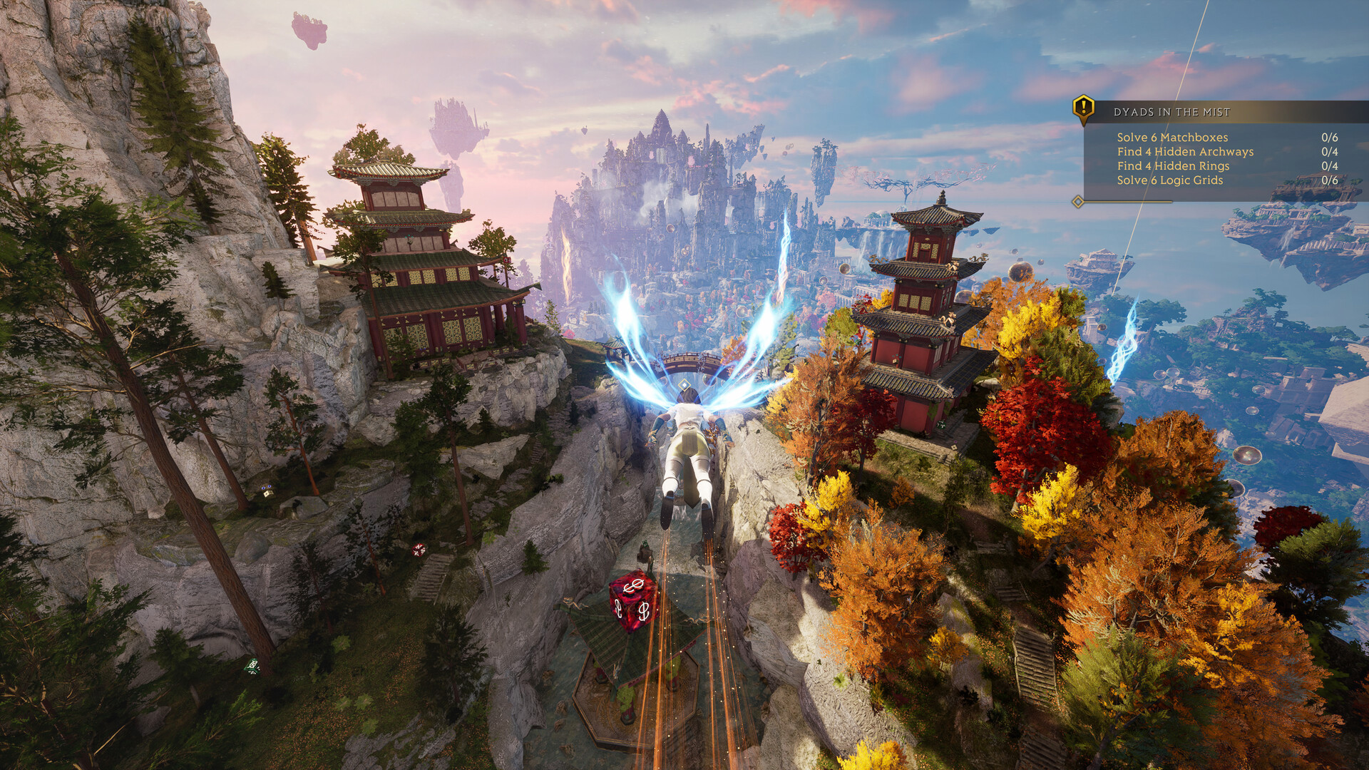 A character flies through the air in Islands of Insight.