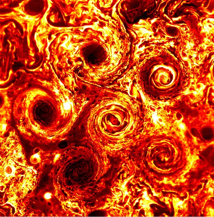 Six cyclones can be seen at Jupiter’s south pole in this infrared image taken on Feb. 2, 2017, during the 3rd science pass of NASA’s Juno spacecraft. Juno’s Jovian Infrared Auroral Mapper (JIRAM) instrument measures heat radiated from the planet at an infrared wavelength of around 5 microns. 