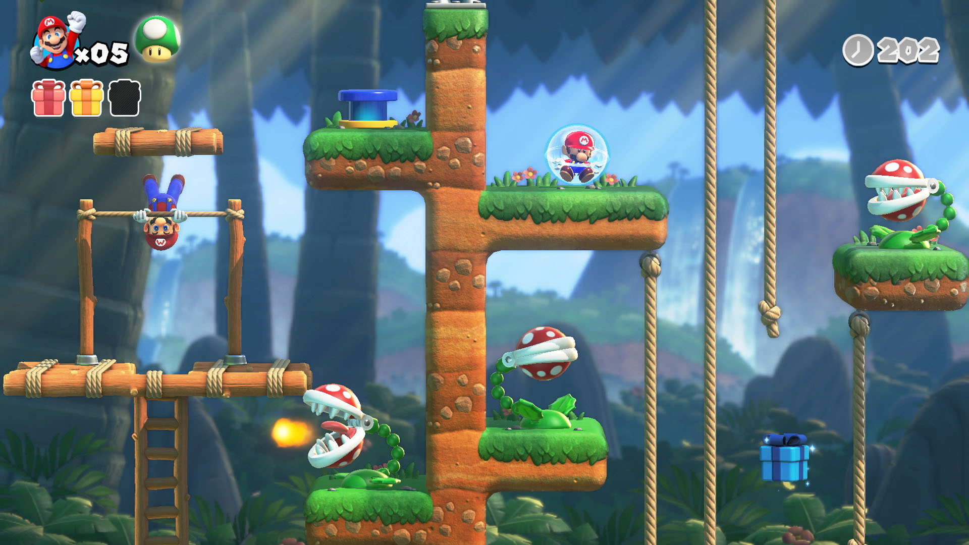 Mario swings on a vine in Mario vs. Donkey Kong.
